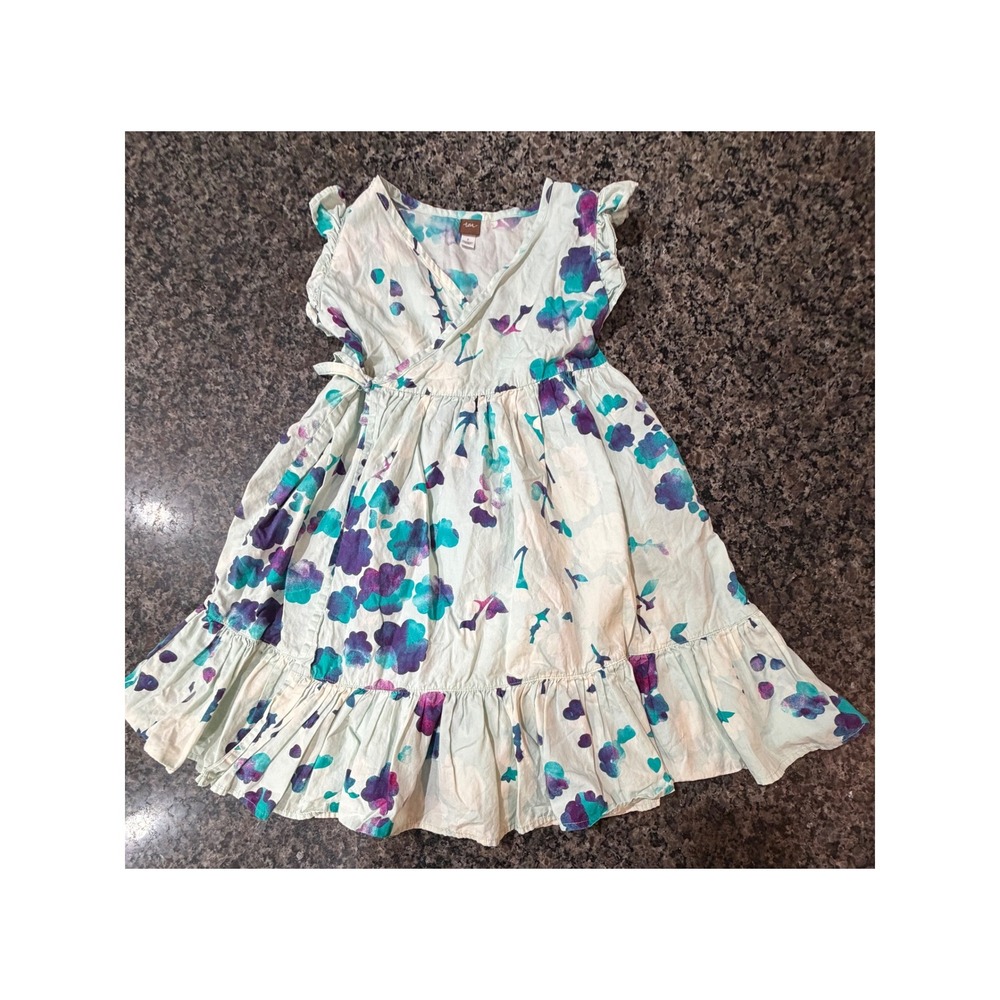 Tea Collection Girls Mala Wrap Dress Size 7 Purple Teal Ruffle Cotton 7S13303